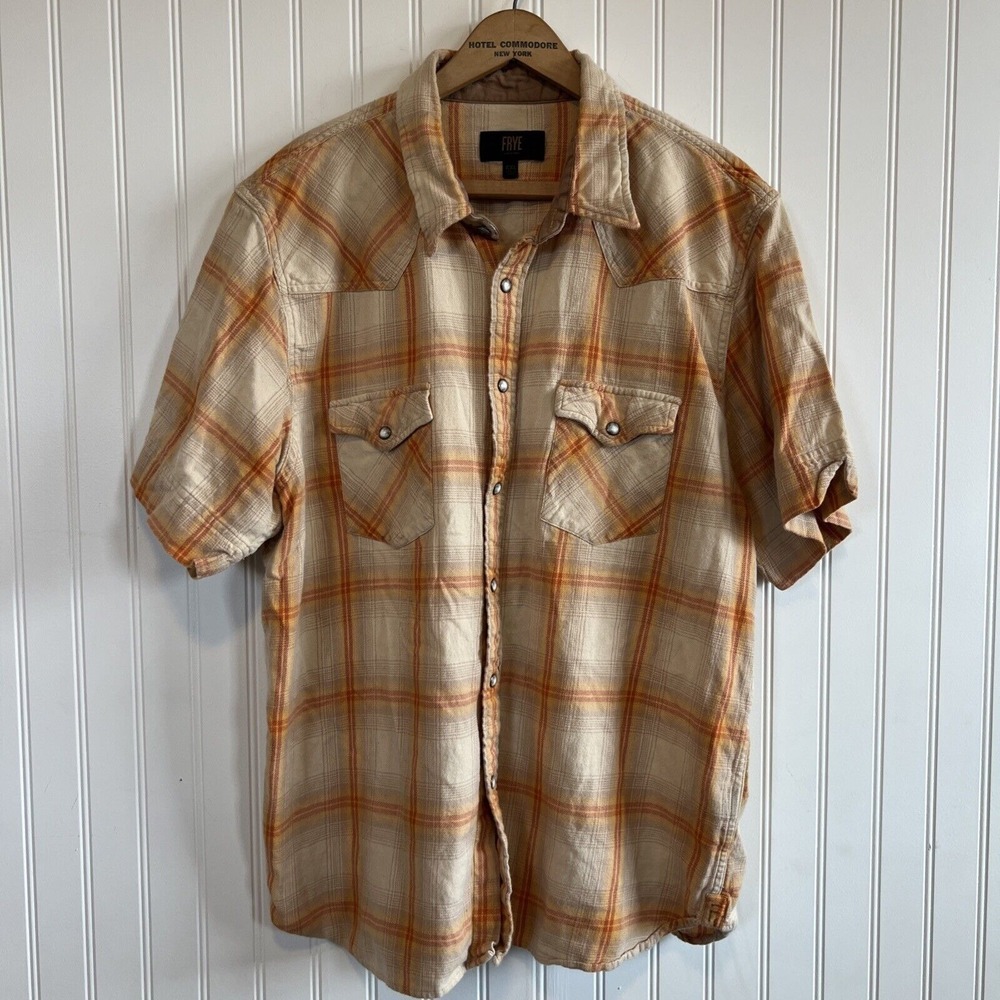 Frye‎ Men's Camp shirt Pearl Snap Button Up Size XXL Tan Orange XXL